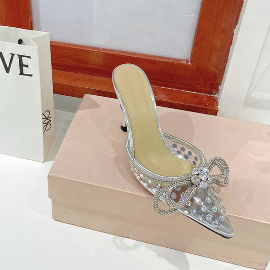 Crystal Butterfly Knot Ankle Strap Women's Pointed Toe Mule Slipper Sandal Pumps