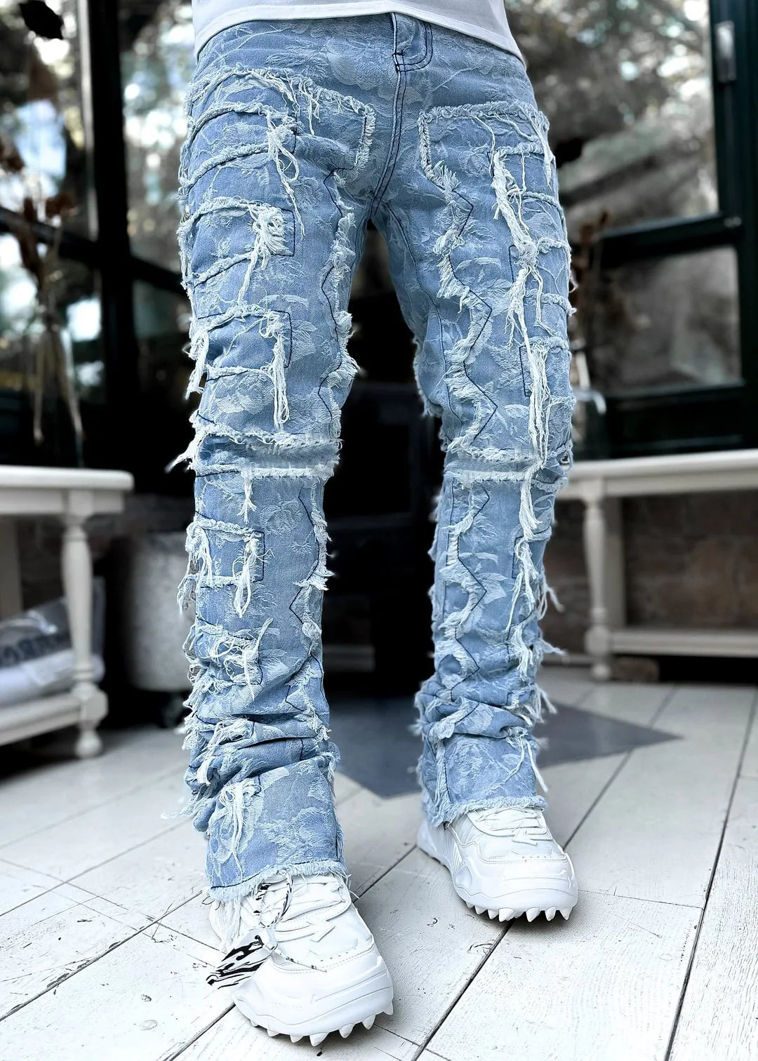 Men's Denim Fringe Ripped Hip-Hop Stretch Stacked Elastic Waist Straight Patchwork Jeans