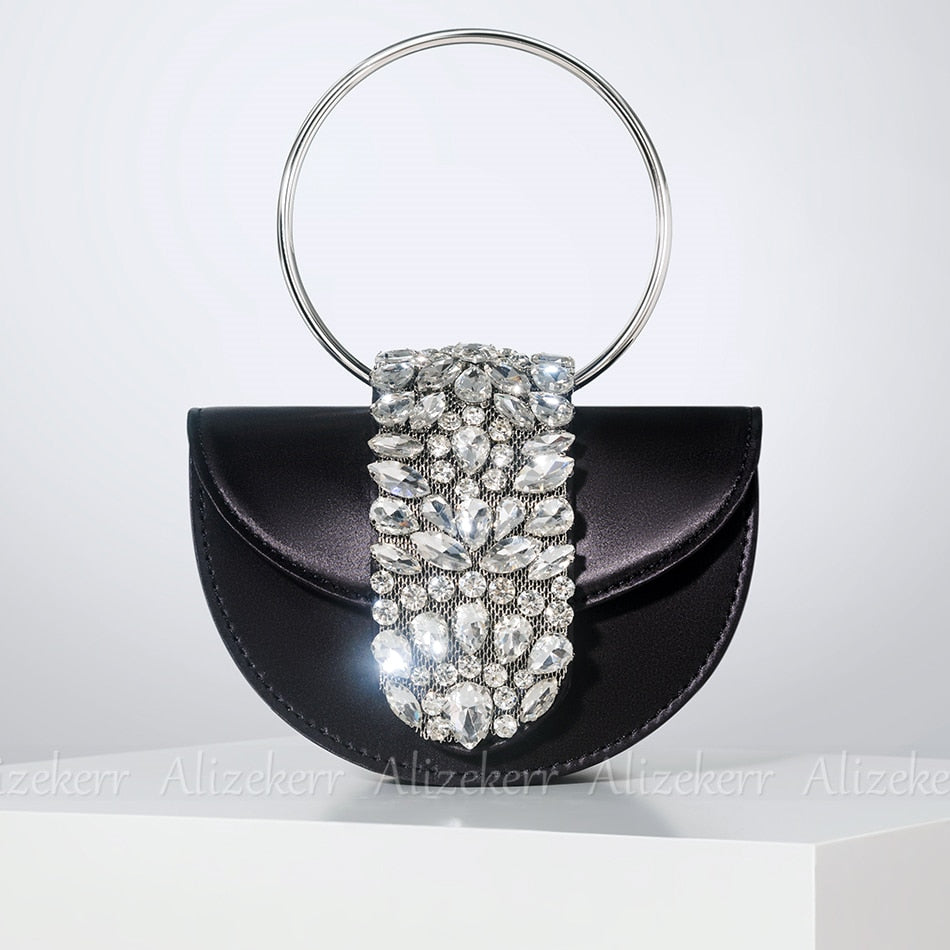 Satin Rhinestone Half Round Metal Ring Clutch Purse