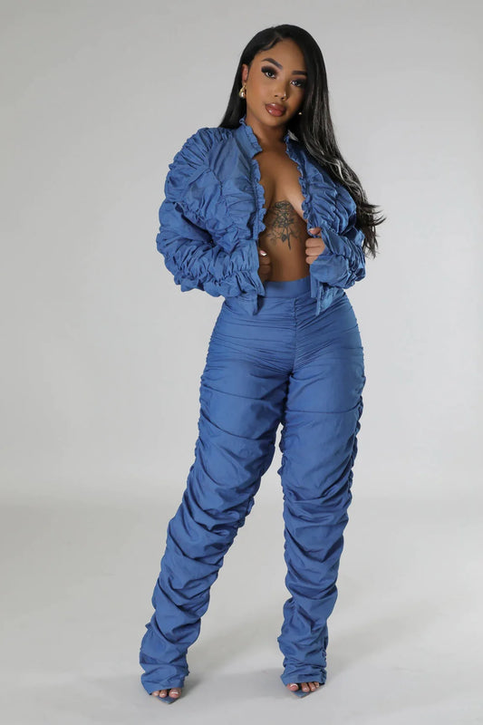 Ruffled Blue Ruched Women's Long Sleeve Cropped Zipper Jacket + Stacked Streetwear Pants 2-Piece Set