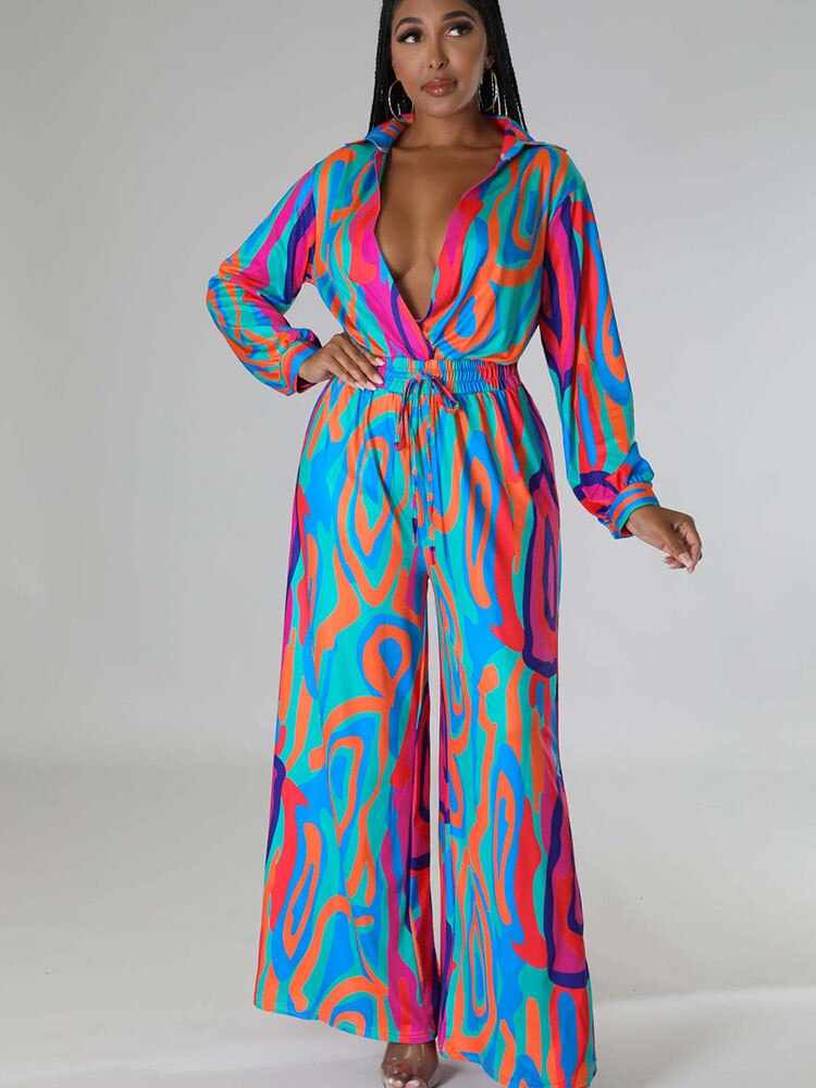 Multi-Colored Long Sleeve Printed Loose Wide Leg Jumpsuit