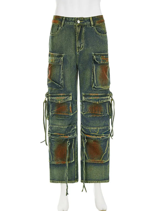 Green Denim Washed Gradient Tie-Dye Retro Ladies Cargo Jeans