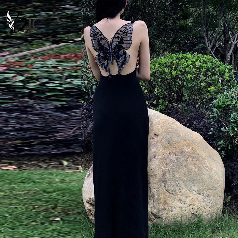 Backless Butterfly Black Gothic Spaghetti Strap Maxi Dress