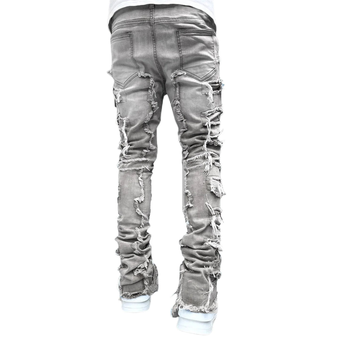 Men's Denim Fringe Ripped Hip-Hop Stretch Stacked Elastic Waist Straight Patchwork Jeans
