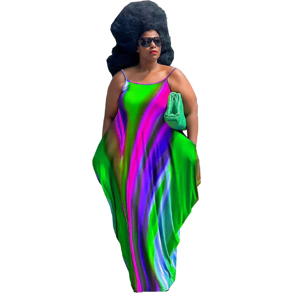 Rainbow Striped Colorblock Ruched Ruffled Sleeveless Print Harem Maxi Dress to 5X Plus Size