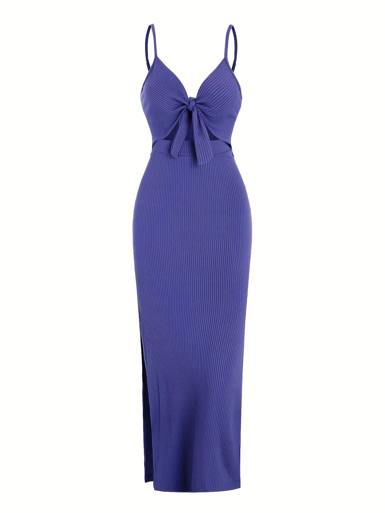 Ribbed Bowknot Design Spaghetti Strap V-Neck Knitted Sleeveless Solid Color High Slit Maxi Dress