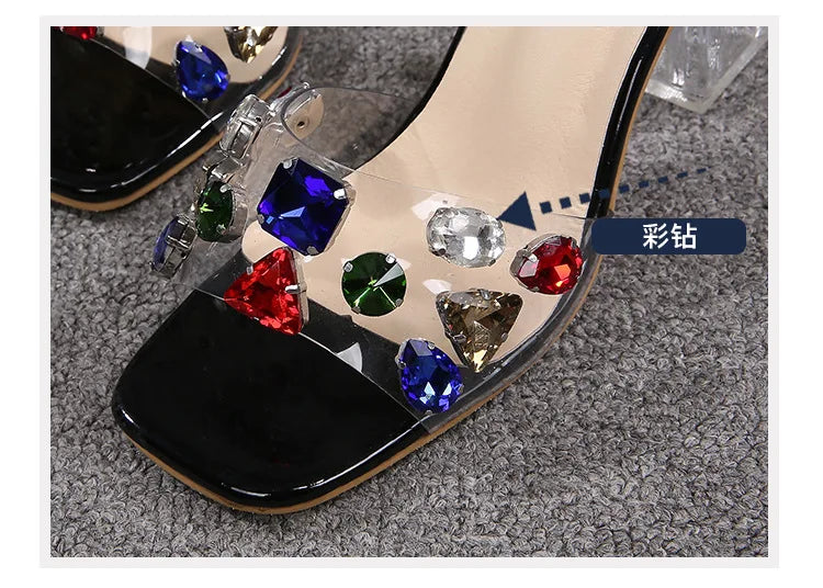 PVC Transparent Clear Crystal Rainbow Rhinestone Embellished Open Toe Low Heel Women's Sandals