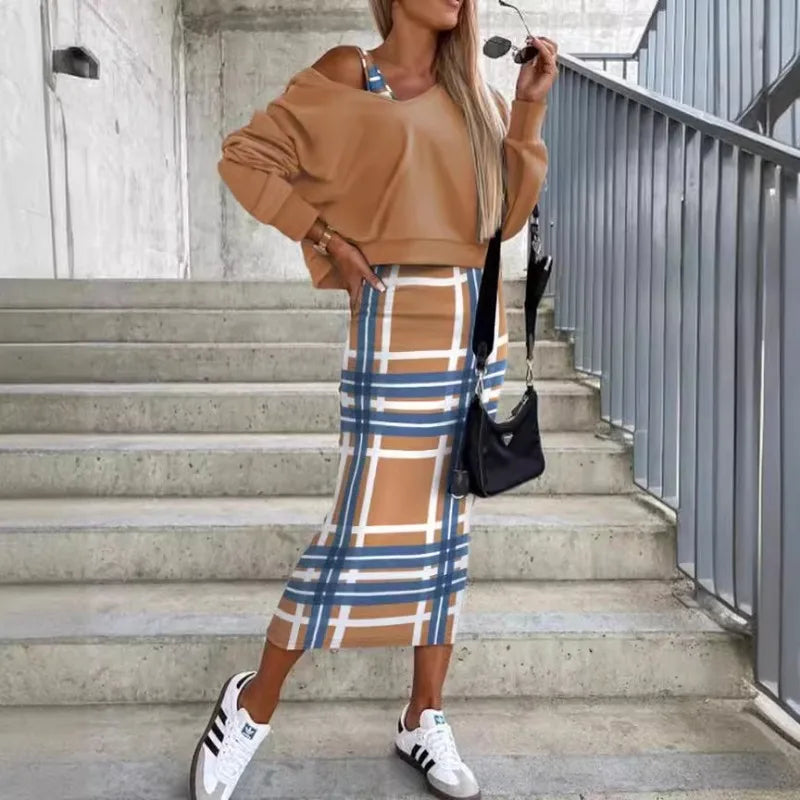 "NOPE NOT TODAY"/Colorblock Plaid/Solid Color Off-the-Shoulder Long Batwing Sleeve Sweatshirt + Skinny Knitted Maxi Skirt 2-Piece Set