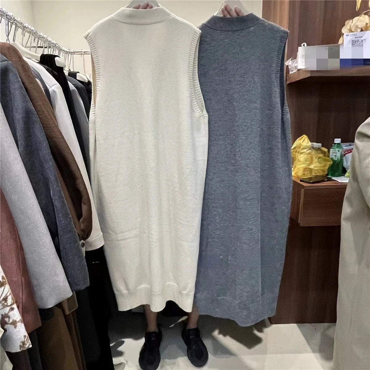 Sleeveless Knitted Button Front Vintage Oversized Knitted V-Neck Maxi Sweater Vest Dress