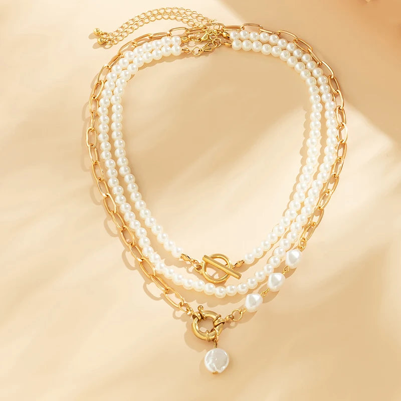 Pearl Triple-Layer Minimalism Gold Choker Necklace