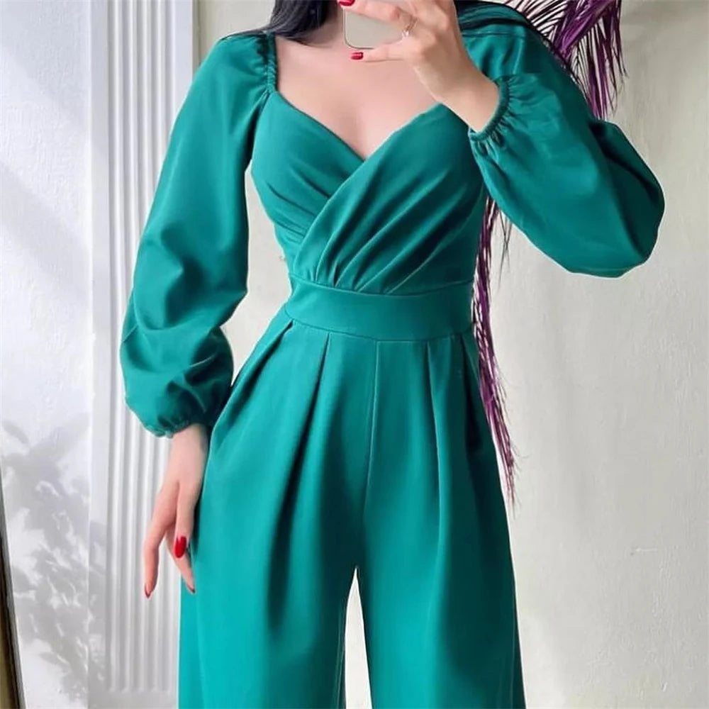 Ruched Solid Color Long Sleeve Off-the-Shoulder V-Neck Jumpsuit