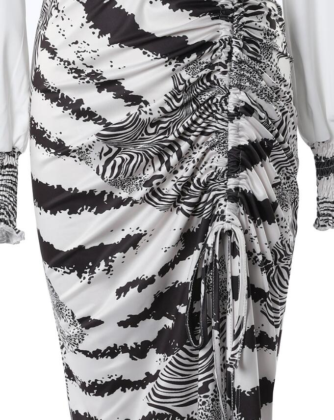 Tie-Dye/Zebra Deep V-Neck Long Sleeve Dress