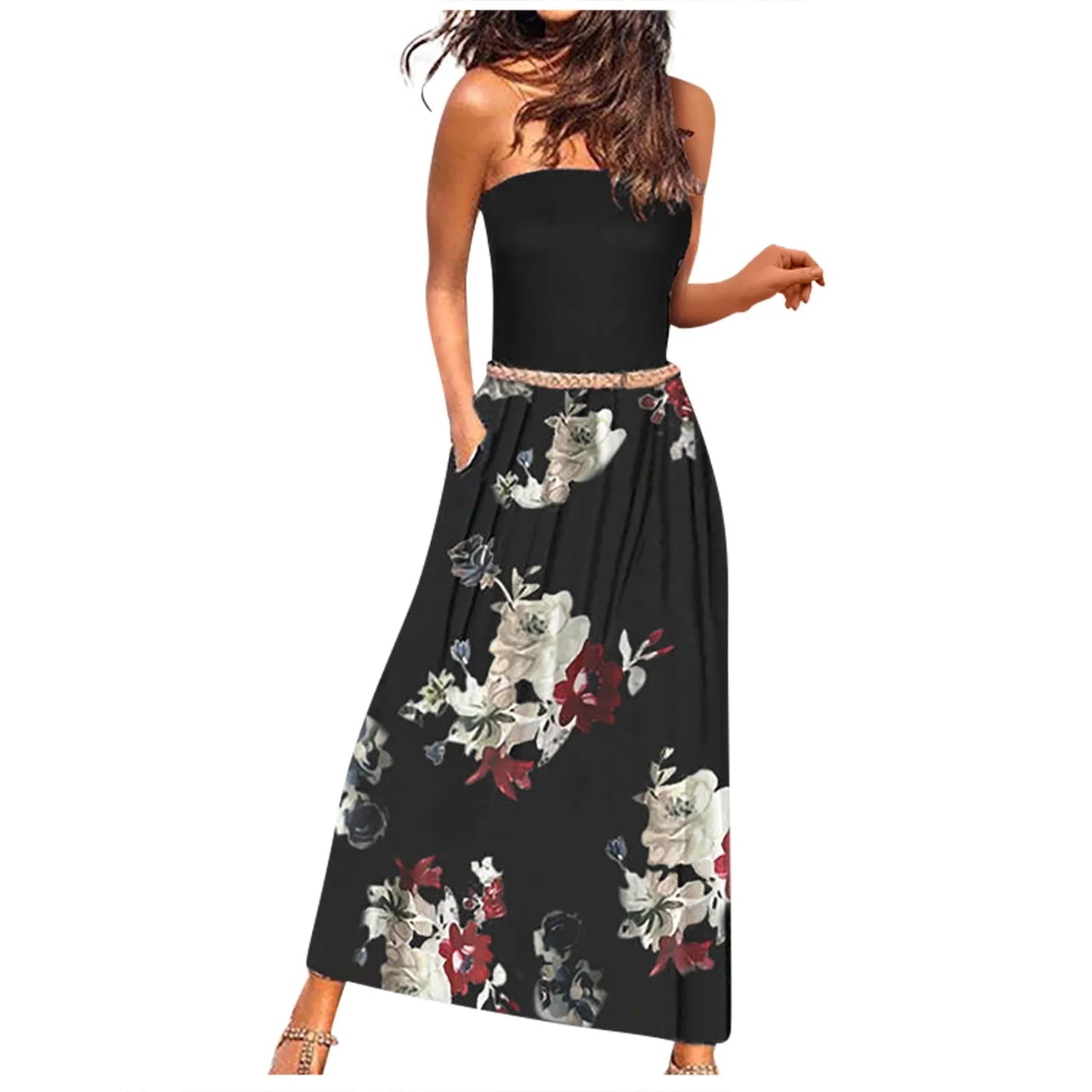 Asymmetrical Chiffon Sleeveless One Shoulder Strapless Loose Floral Print Maxi Dress