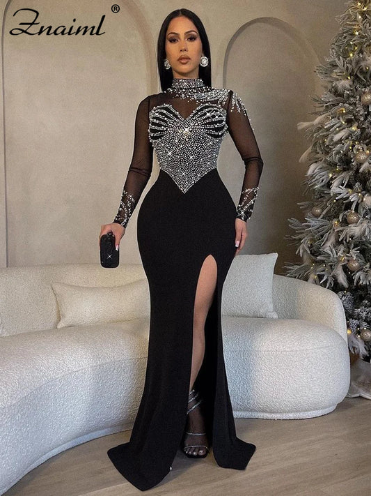 Mesh Sheer Transparent Patchwork Long Sleeve Diamond Rhinestone Mermaid Prom Formal Floor-Length Dress