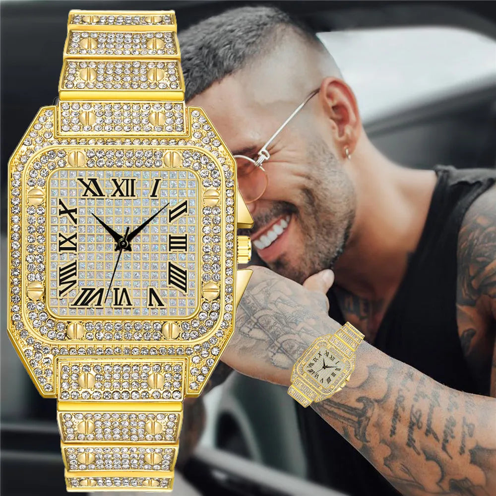 Iced Out Men's Luxury Diamond Square Roman Dial Quartz Watch