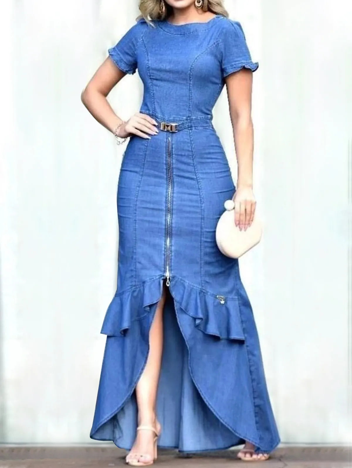 Denim Plus Size Zipper Short Sleeve Tulip Ruffled Hem Maxi Dress