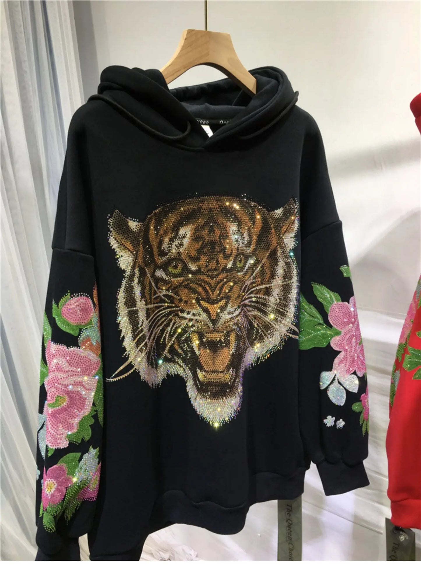 Sparkling 3D Rhinestone Fleece Padded Women's Leopard Tiger Hoodie Sweatshirt