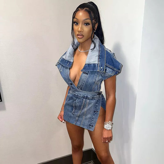 Denim High Slit Deep V-Neck Sleeveless Button Skinny Mini Dress