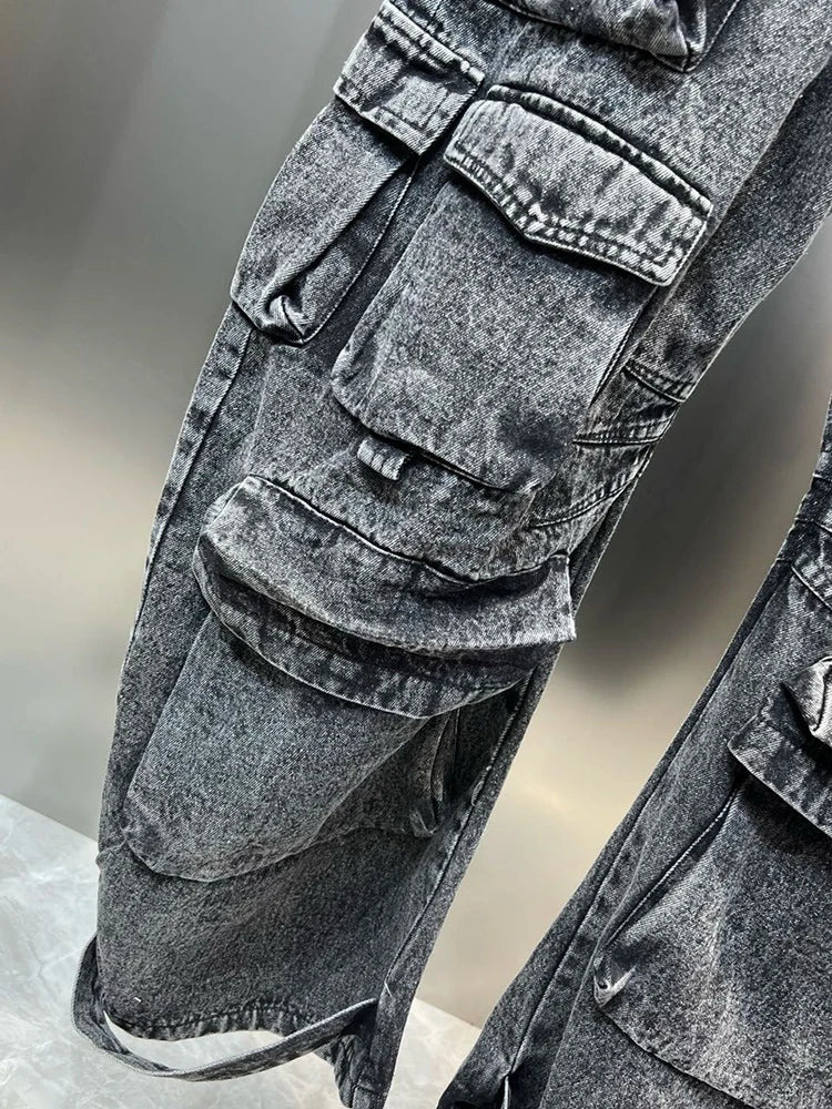 Distressed Vintage Streetwear Denim Cargo Pockets Patchwork Strapless Jean Jumpsuit