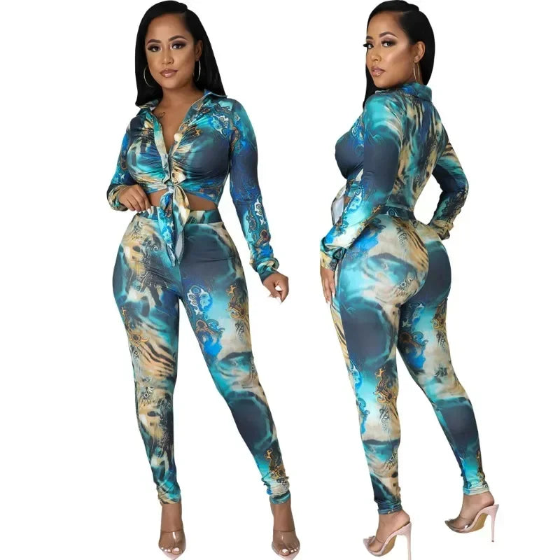 Blue Ocean Floral Print Women's Long Sleeve Blouse + Skin Tight Leggings 2-Piece Set