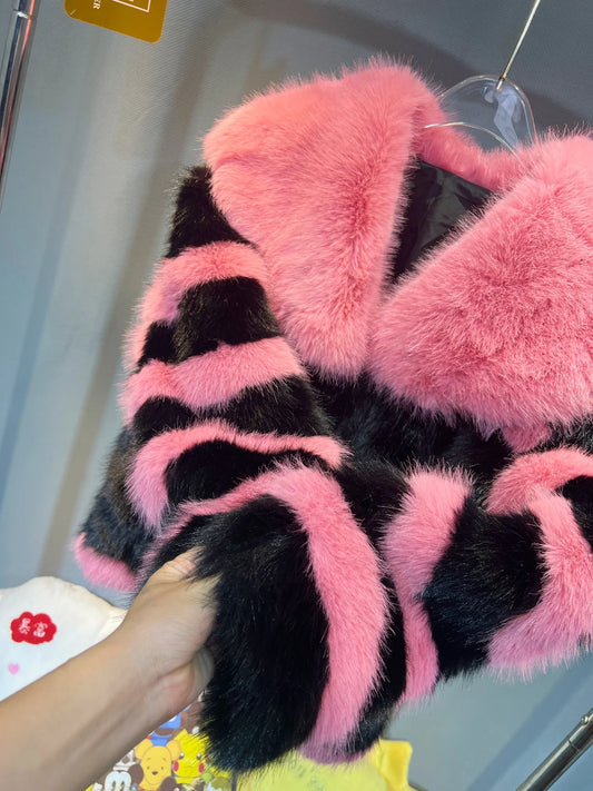 Faux Fur Pink/Black Colorblock Striped Big Collar Short Jacket