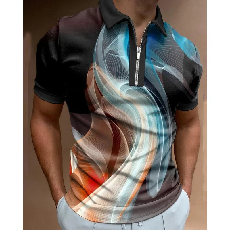 Men's Striped Swirl 3D Print Designer Streetwear Short Sleeve Zipper Polo Shirts