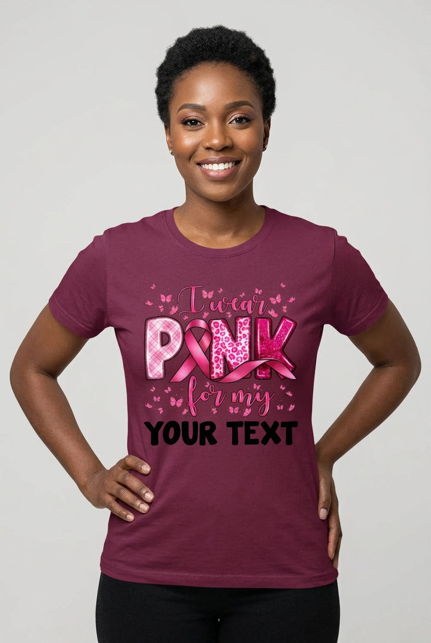 Customized Name "I Wear Pink For My Mom" Short Sleeve Women's Personalized Ribbon 3D Print Breast Cancer Awareness T-Shirt to 3X Plus Size