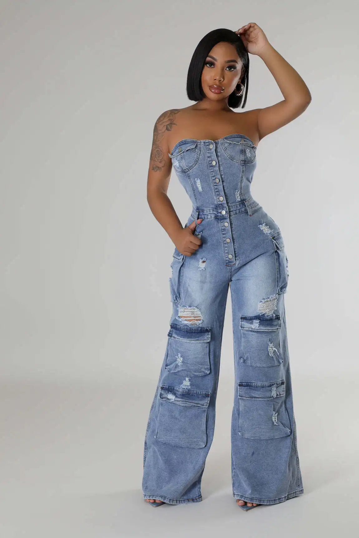 Denim Sleeveless Button-Up Tube Top Women's Ripped Hole Design Multi-Pocket Strapless Skinny Wide Leg Cargo Jean Jumpsuit