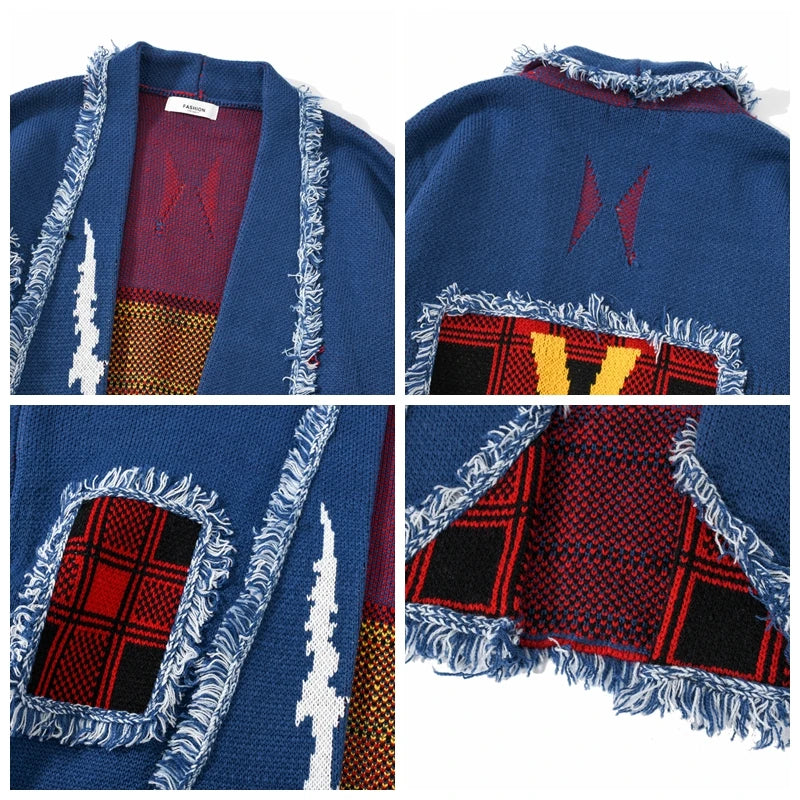 Oversized Irregular Hip-Hop Patchwork Streetwear Colorblock Hole Raw Edge Knitted Cardigan Sweater Jacket