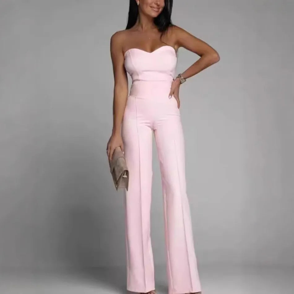 Sleeveless Strapless Solid Color Straight Women's Formal Party Tube Jumpsuit