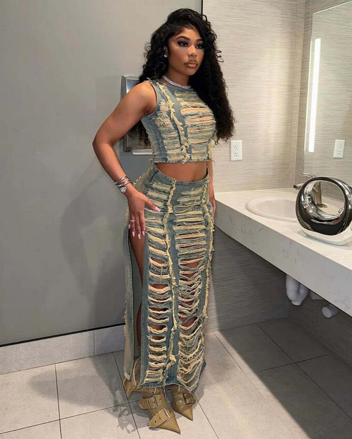 Denim Tassel Hollow-Out Fringe Design Women's Sleeveless Crop Top + High Slit Maxi Jean Skirt 2-Piece Set
