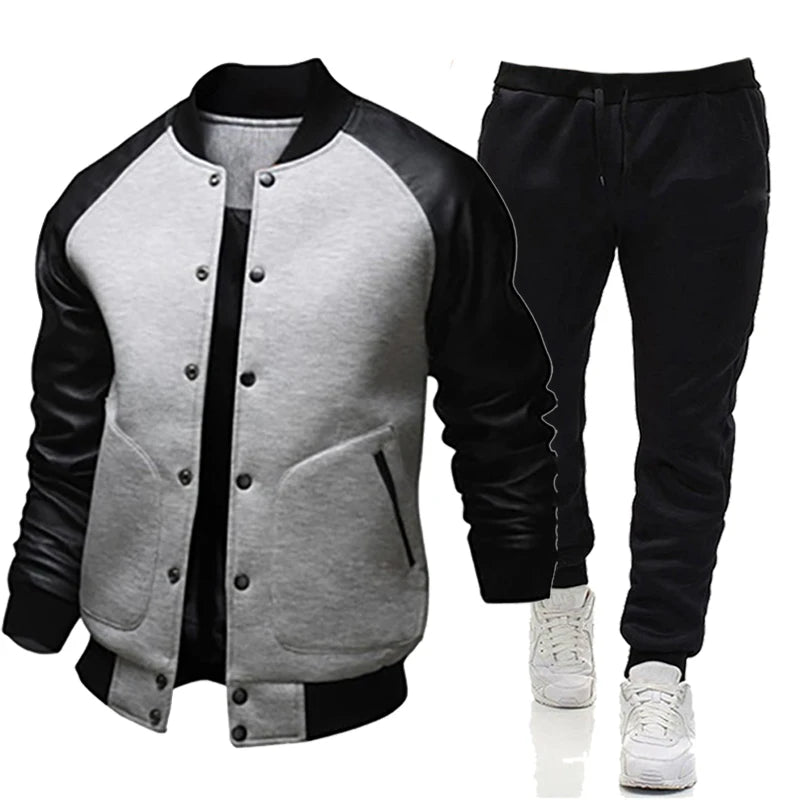 Men's Colorblock Button-Up Baseball Jackets + Solid Sweatpants Tracksuit