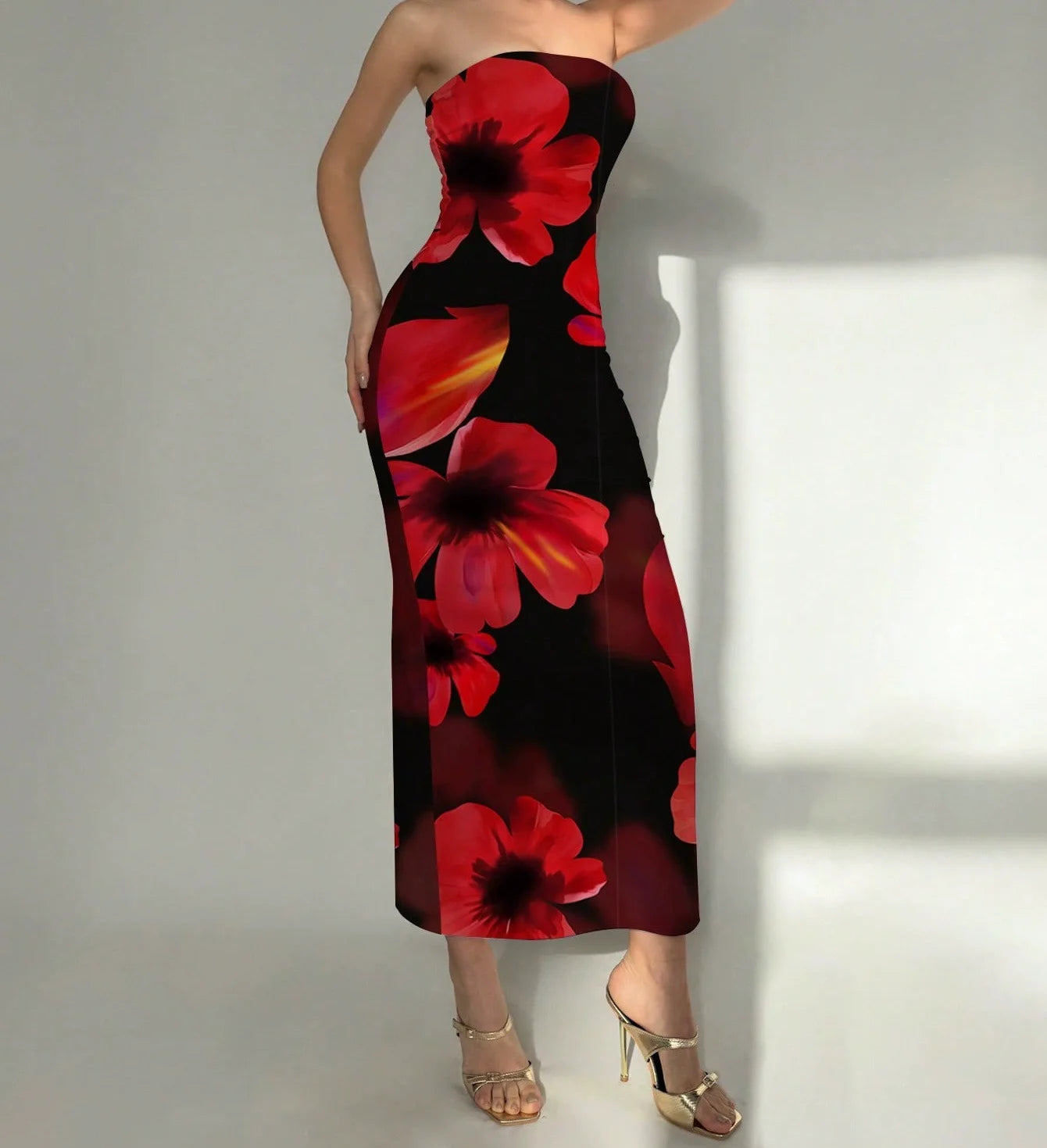 Sleeveless Big Flower Print Bodycon Skinny Maxi Tube Dress