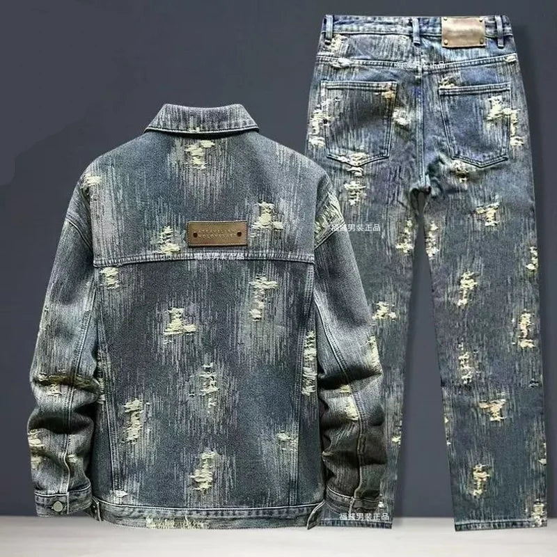 Men's Denim Hole Ripped Pattern Cowboy Jean Jacket + Skinny Jeans 2-Piece Set