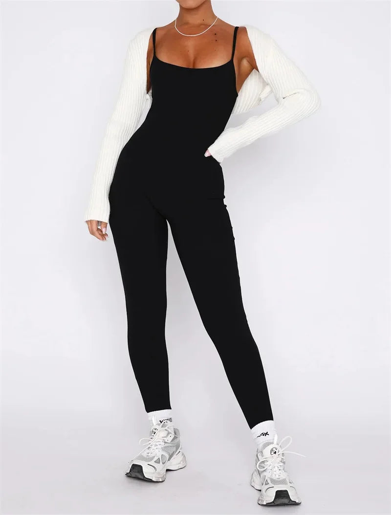 Solid Color Knitted Ribbed Spaghetti Strap Skinny Fitness Yoga Jumpsuit