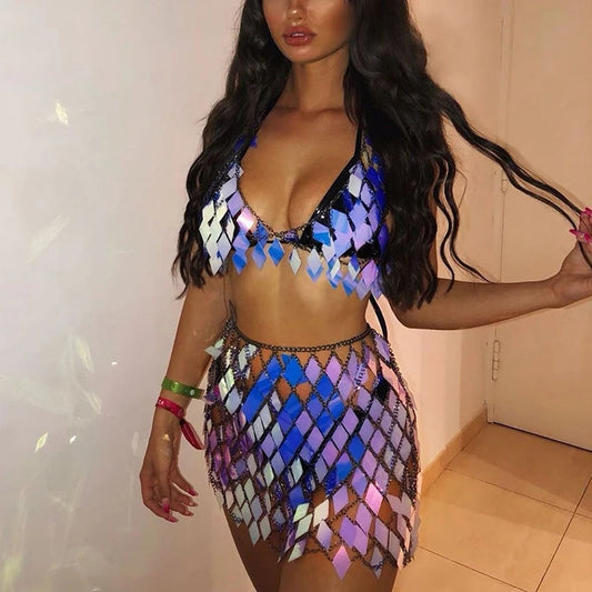 Metallic Sequined Geometric  Bikini Crop Top + Mini Skirt Handcrafted Party Women's 2-Piece Set