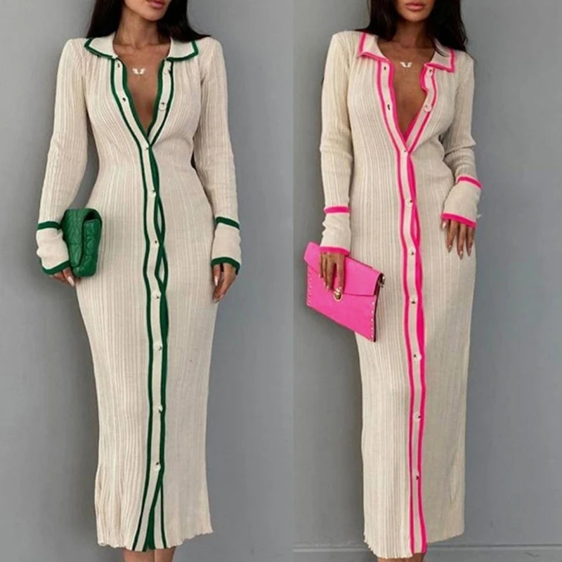 Striped Turn-Down Collar Long Sleeve Cardigan Maxi Bodycon V-Neck Button-Up Sweater Dress