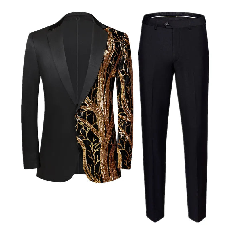 Men's Sequin Suit 2-Piece Black / Blue / Gold Classic Wedding Dance Party Suit