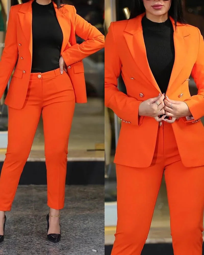 Gold Button Design Women's Solid Color Long Sleeve Blazer Jacket & High Waist Pencil Pants Business Suit