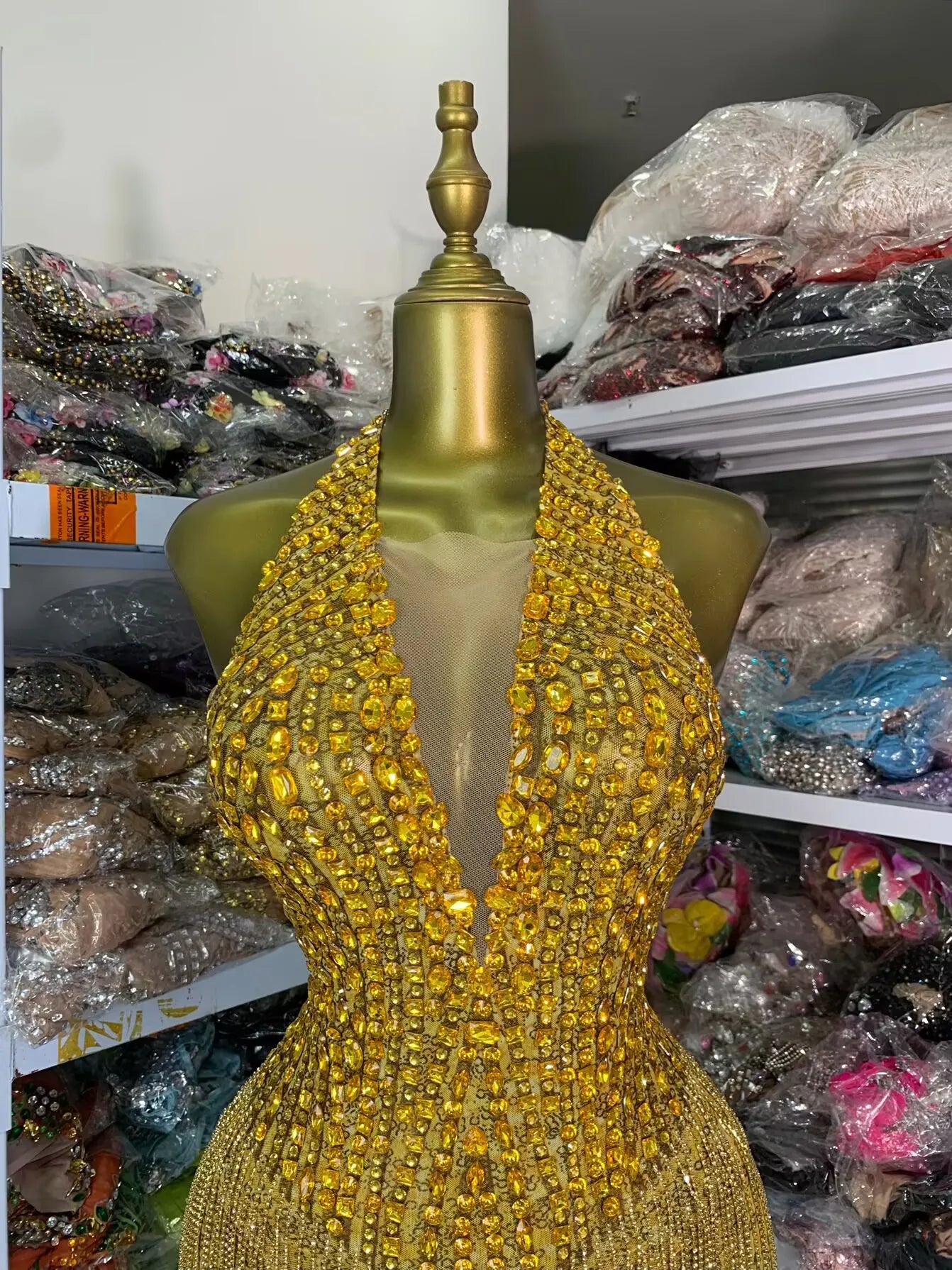 Sparkling Gold Rhinestone Sleeveless Tassel Fringe Design V-Neck Formal Women's Stage Performance Romper