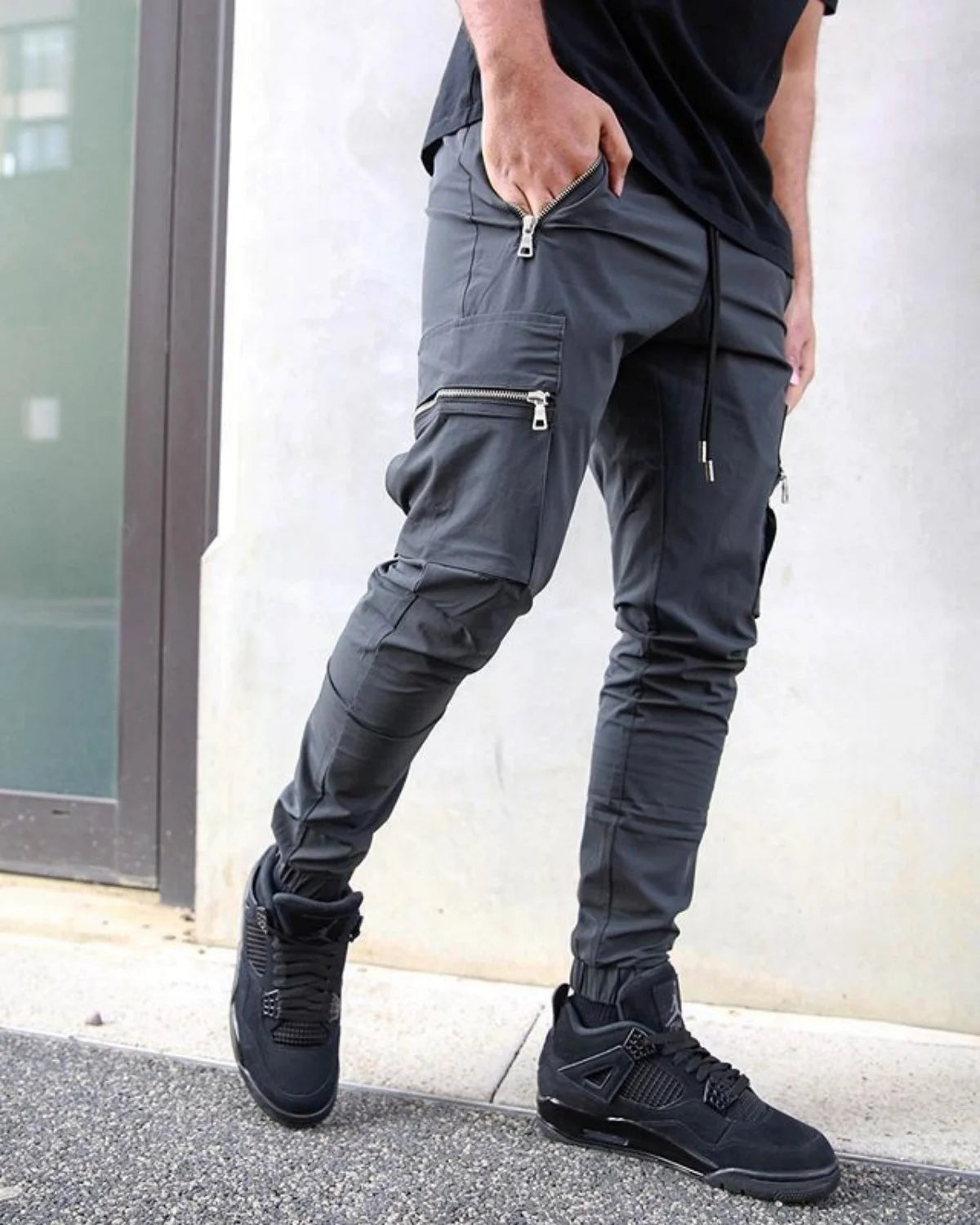 Men's Zipper Pocket Design Drawstring Solid Cargo Pants