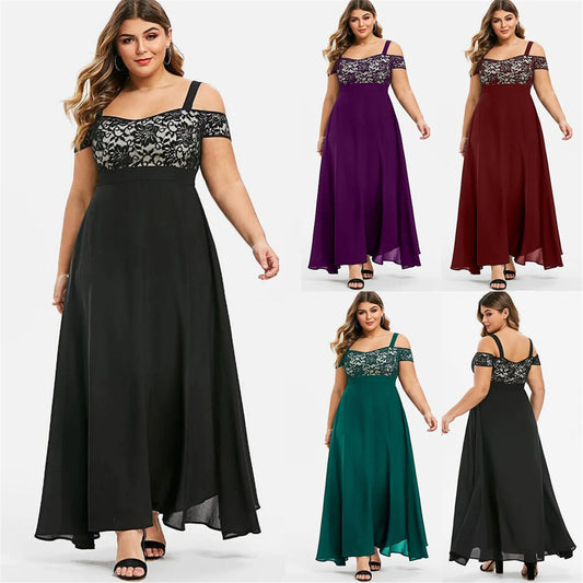 Lace Embroidered Cold Shoulder Floral Party/Prom Formal Maxi Dress