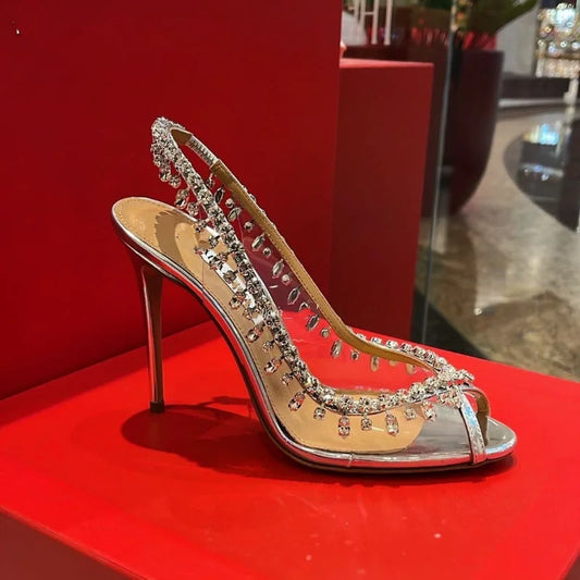 PVC Transparent Rhinestone Chain Detail Fish Mouth Transparent Stiletto Heel Slingback Formal Bridal/Party Pumps
