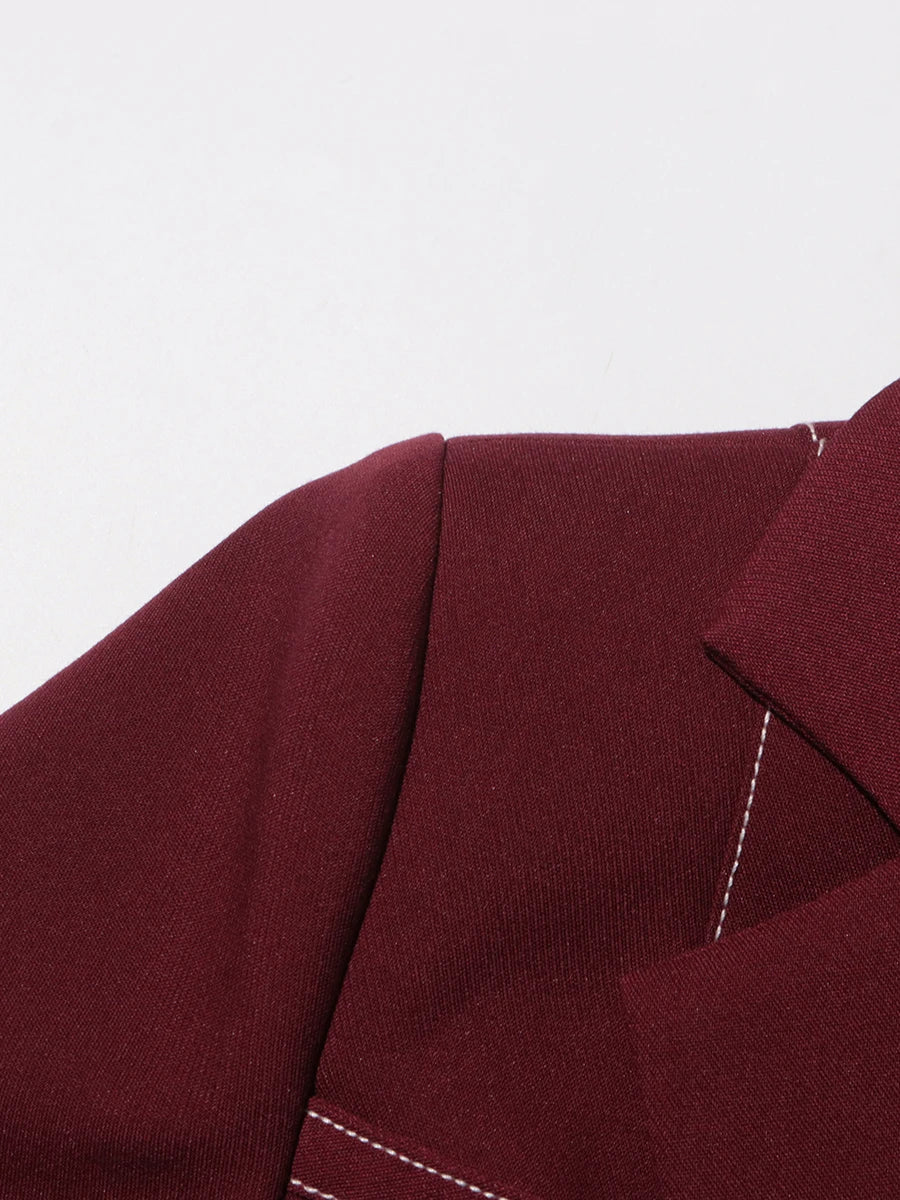 Burgundy Irregular Notched Collar Double Strap Design Blazer Jacket + High Waist Straight Pants Women's Formal Suit