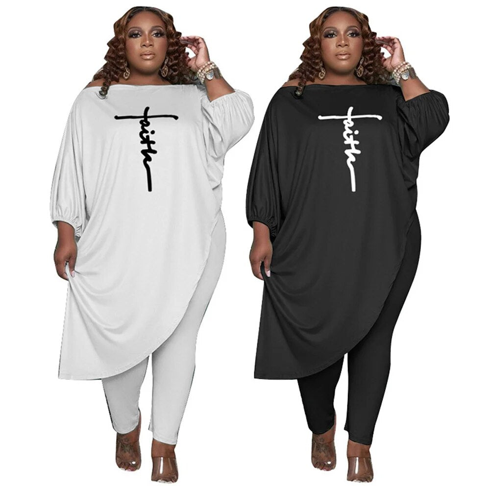 "Faith" Oversized Mid-Sleeve Plus Size Slanted Shoulder Embroidered Maxi Shirt + Leggings Matching 2-Piece Set to 5X