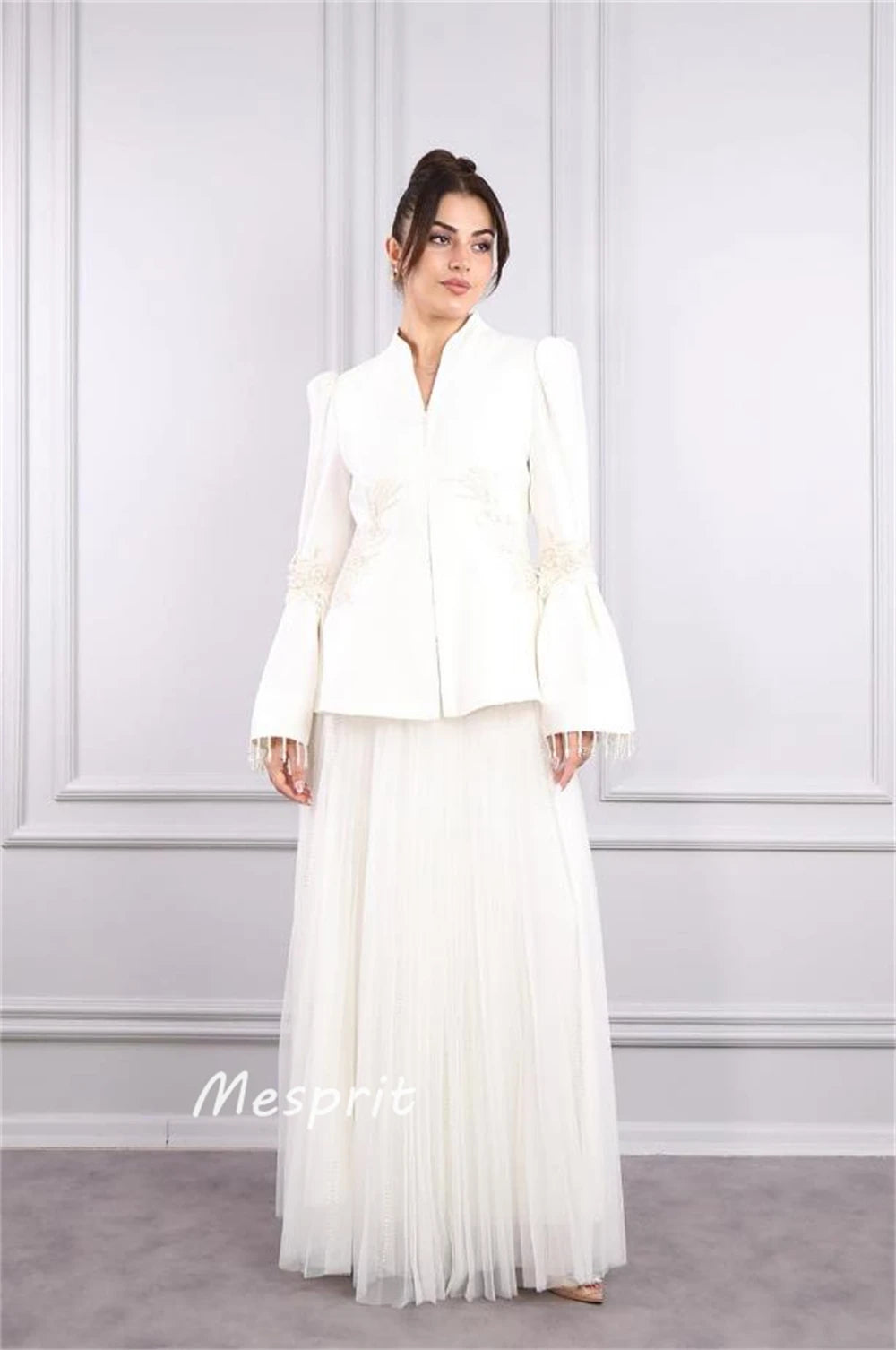 Satin Stand Collar Flared Sleeve A-Line Beaded Tulle Draped Bespoke Pleated Formal Occasion Maxi Dress