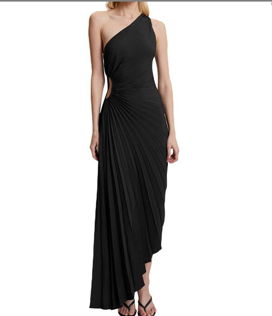 Irregular One Shoulder Strap Pleated Hollow Out Dress