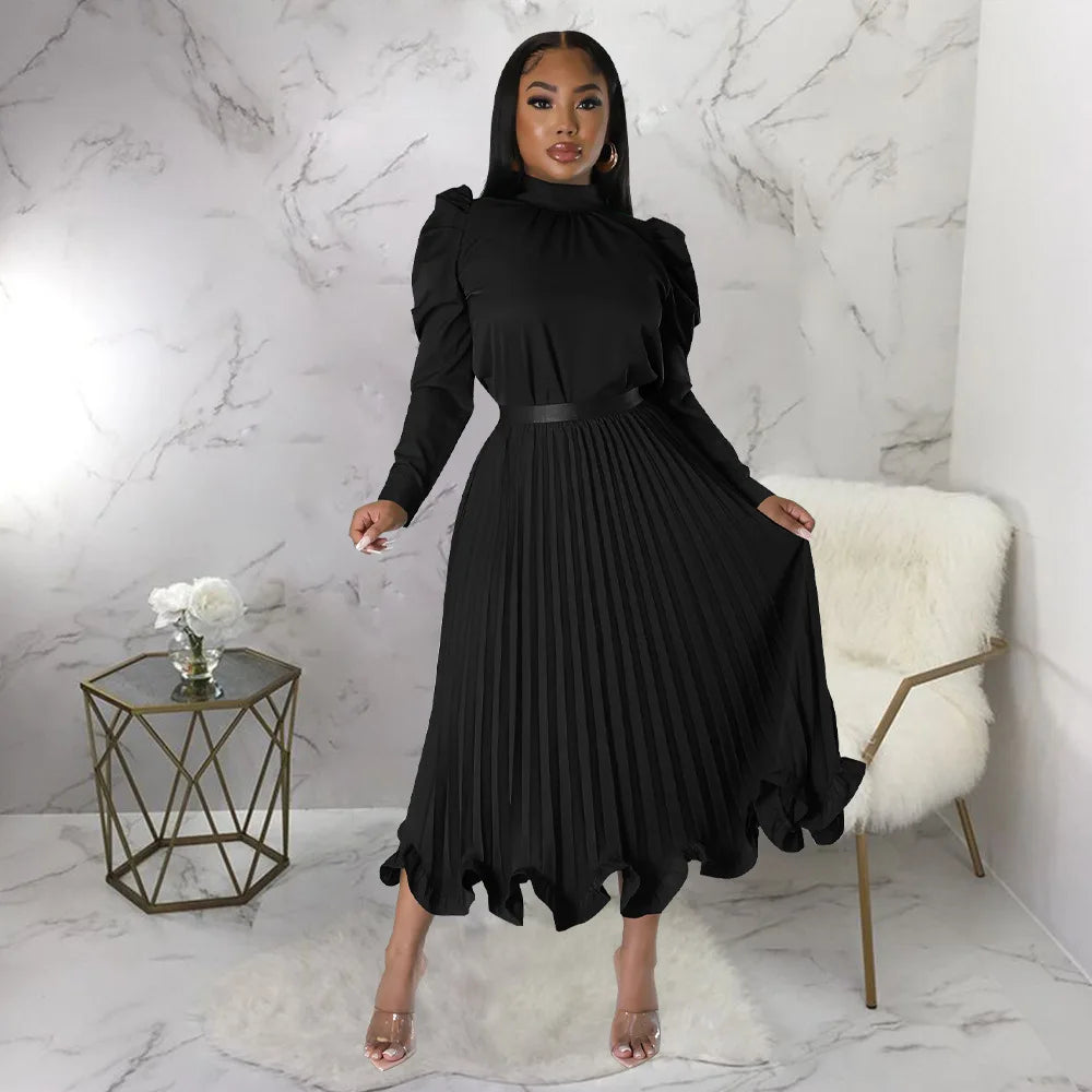 Women’s Solid Color O-Neck Lantern Sleeve Blouse + A-Line Flounce Formal Pleated Maxi Skirt w/ Sash Belt 2-Piece Set