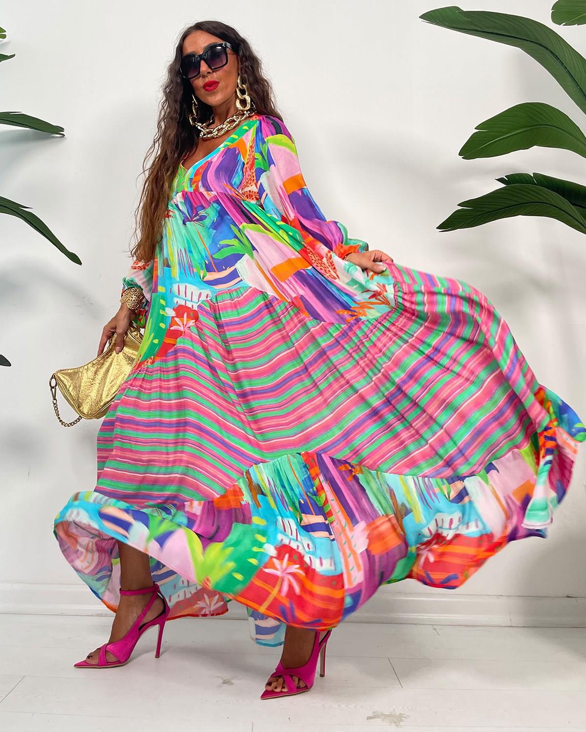 Oversized Long Sleeve V-Neck Printed Maxi Dress to 3X Plus