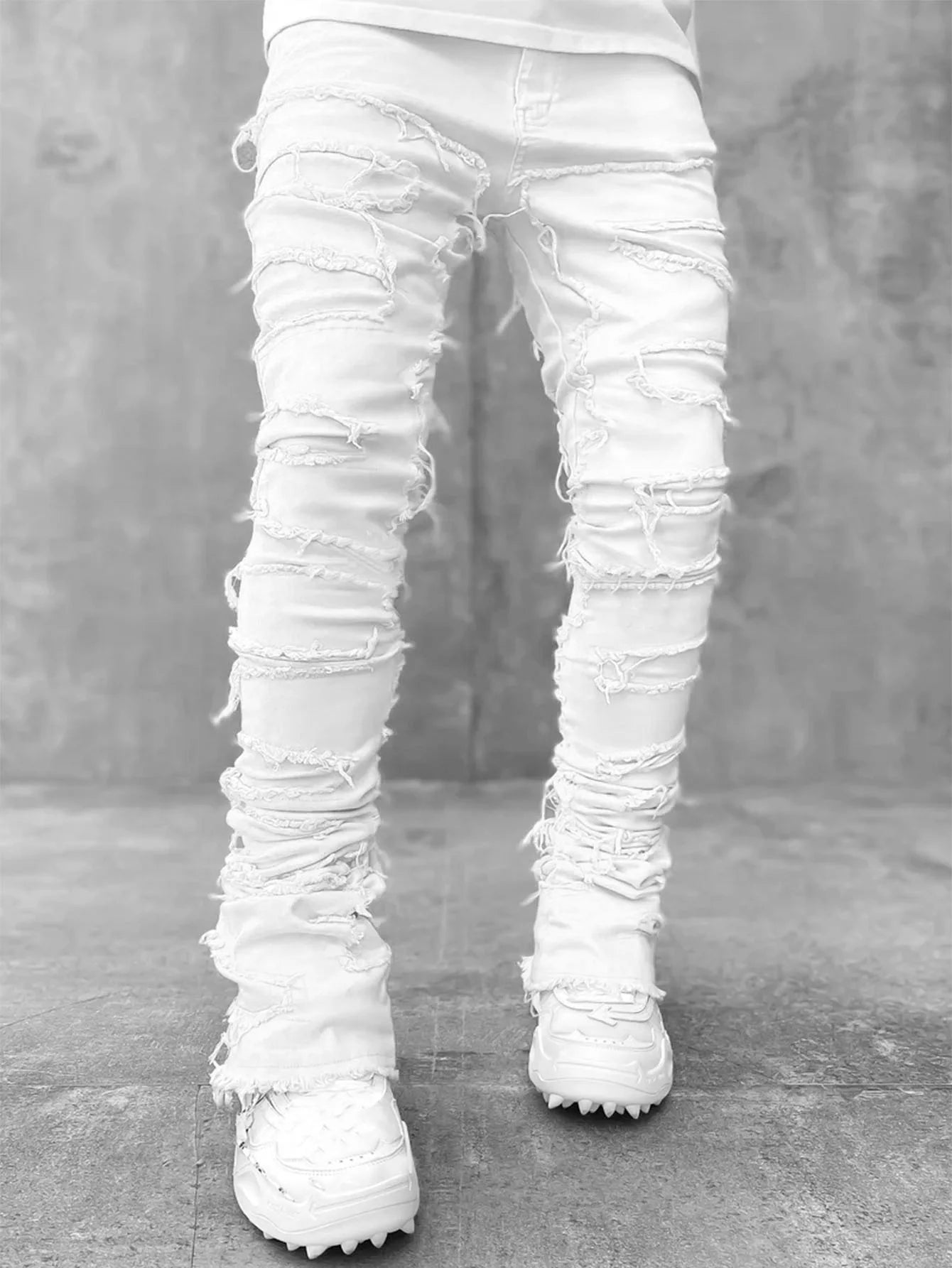 Men's Denim Fringe Ripped Hip-Hop Stretch Stacked Elastic Waist Straight Patchwork Jeans